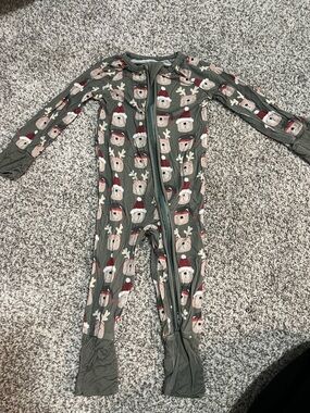 Olive Green Bear Print Kids Footed Pajamas with Zipper
